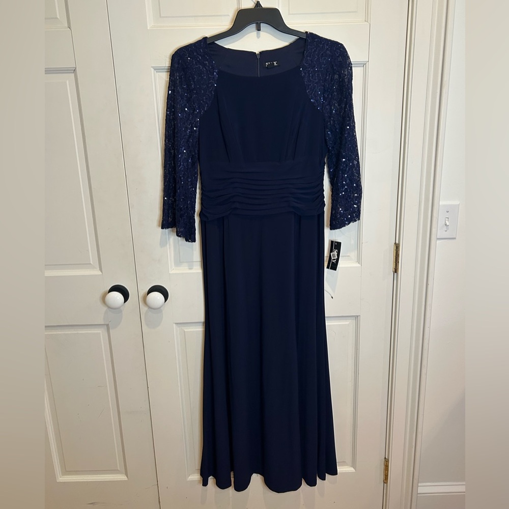 NWT Navy Evening Gown with Sequined Lace Sleeves